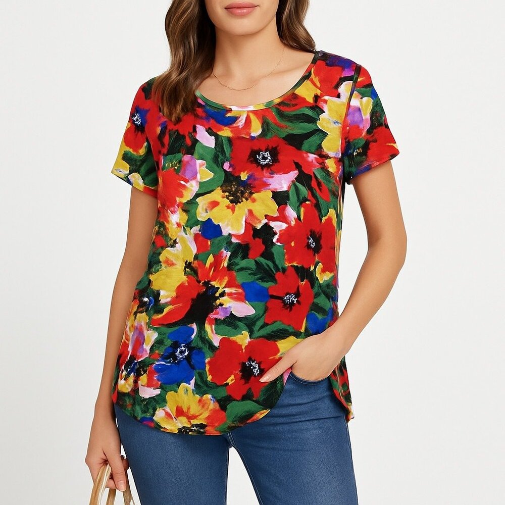 Cupio Multicolor Floral Print Short Sleeve Top‎ XL Stretch Asymmetrical Hem
